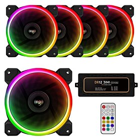 Aigo Aurora DR12 Case Fan 5-Pack RGB LED 120mm High Performance High Airflow Adjustable Colorful PC CPU Computer Case Cooling Cooler with Controller | DR12 5IN1