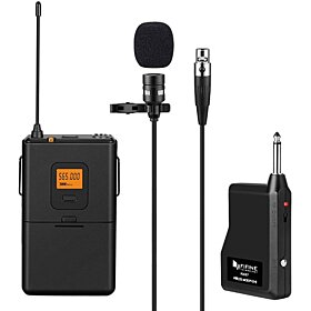 Fifine 20-Channel UHF Wireless Lavalier Lapel Microphone System with Bodypack Transmitter, Mini XLR Female Lapel Mic and Portable Receiver, 1/4 Inch Output - Black | K037
